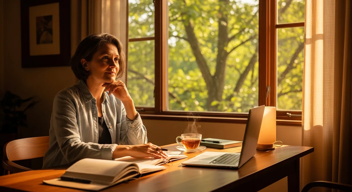 A woman pausing to reflect while journaling at a sunlit desk, a laptop and cup of tea beside her